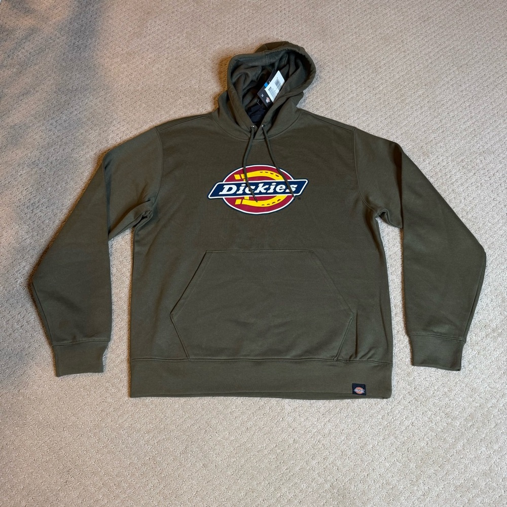 Dickies Hoodie Fleece Sweatshirt Men’s Large, military green w/ Tri-color logo.
